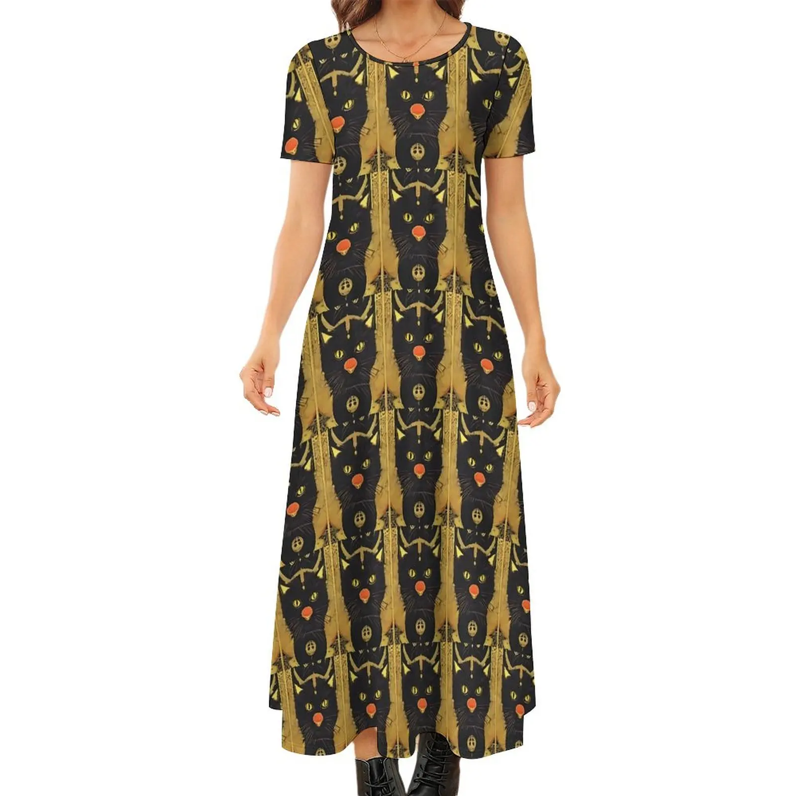 

Retro Tarot Card Dress Black Cat Print Elegant Maxi Dress Women Short Sleeve Korean Fashion Boho Beach Long Dresses Large Size