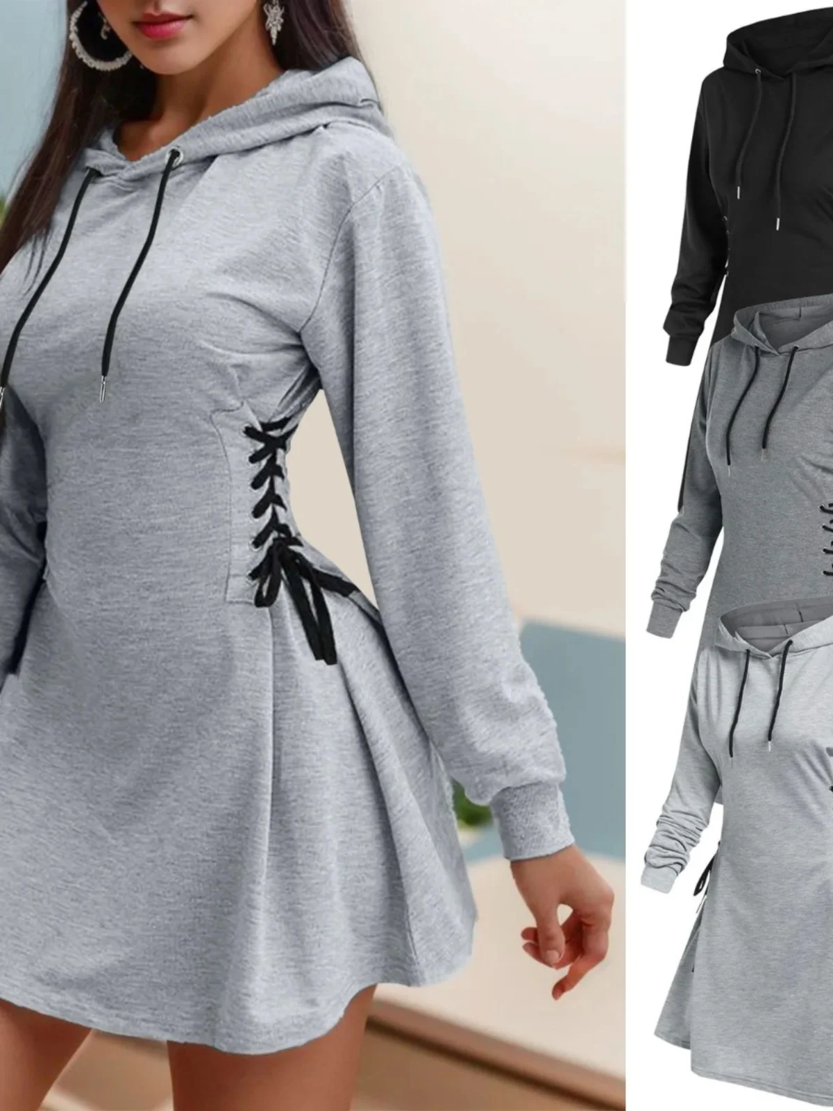 

Street Sle Dstring Hooded Top Belted Waist Design ort Sve Women's T-irt Spring Faion Casual Comfortable Fit