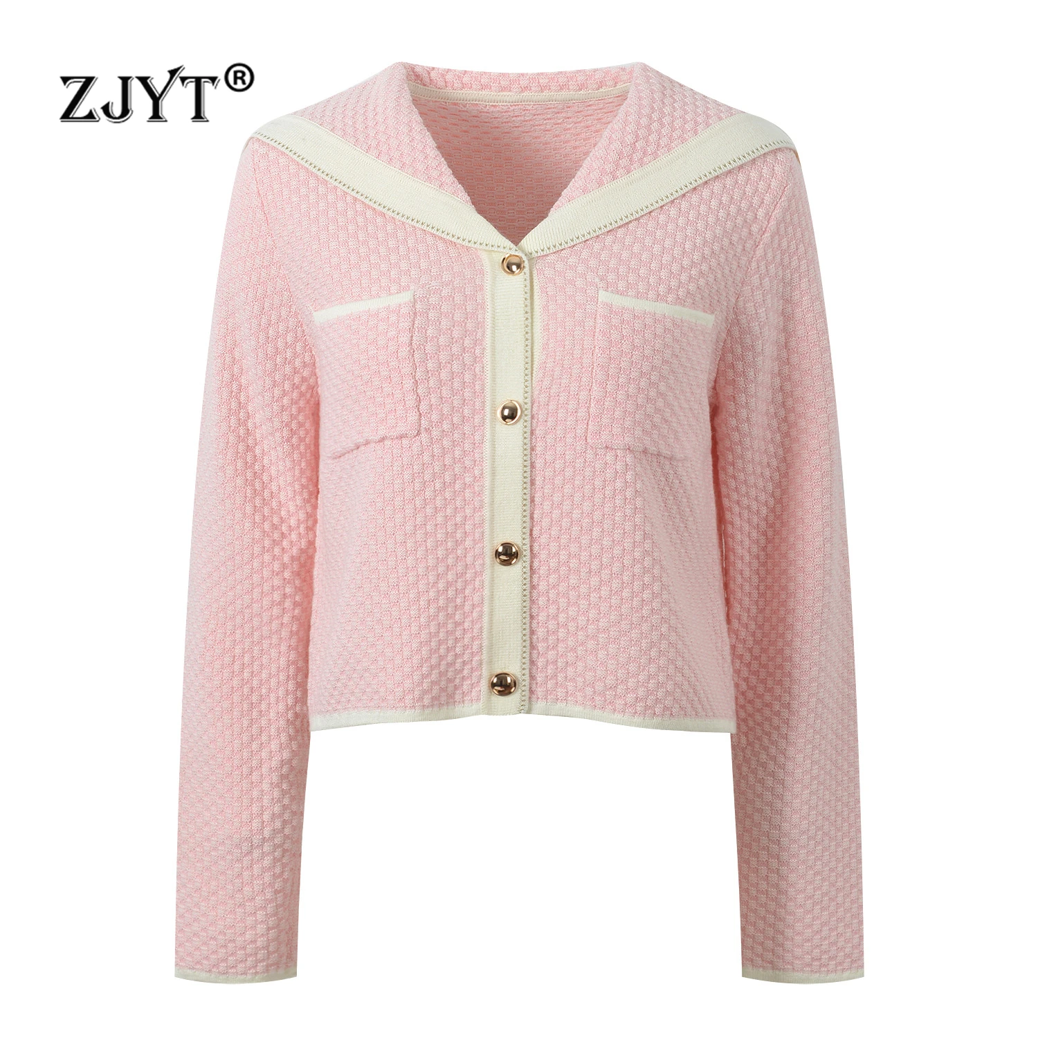 

ZJYT Spring Fashion Turn Down Collar Cardigan Sweaters for Women Knitting Tops Long Sleeve Casual Knitwears Jersey Mujer Pink