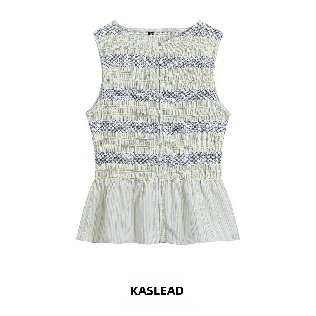 KASLEAD Women's Embroidered Honeycomb Pattern Design Top H-Shape Vest Short Length Single Button Closure Polyester Fiber