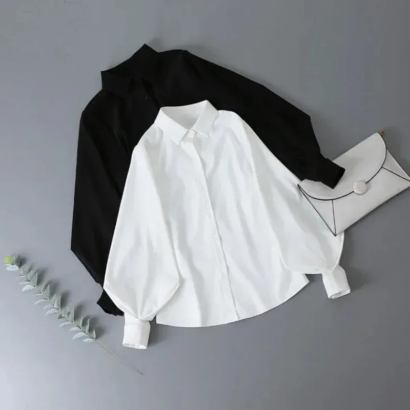 

Lantern Sleeve Shirts Women Ins Elegant Turn Down Collar Fashion White Black Office Ladies Korean Autumn Chic Solid Simple Loose