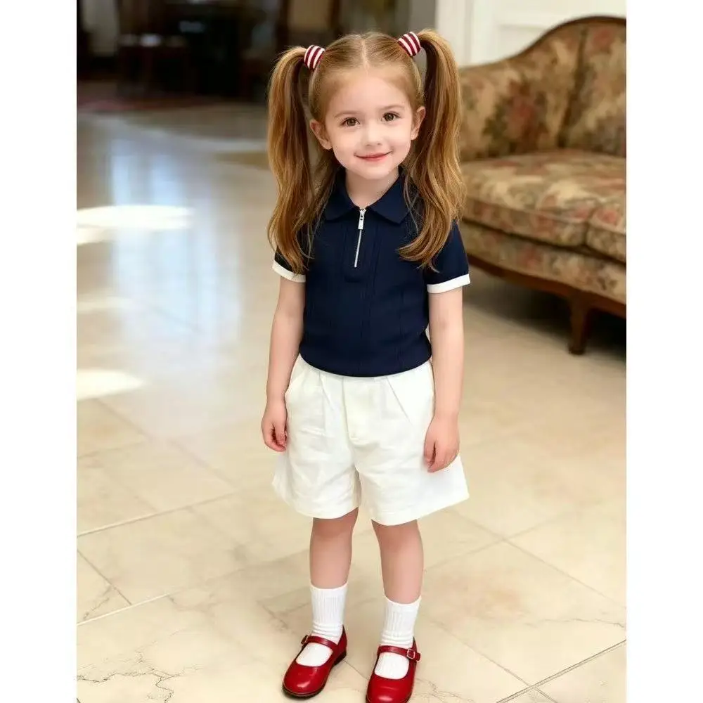

Children's Set Summer New Boys and Girls Navy Blue Striped Ice Silk Knitted Short Sleeve Top+Casual Shorts 2-piece Set