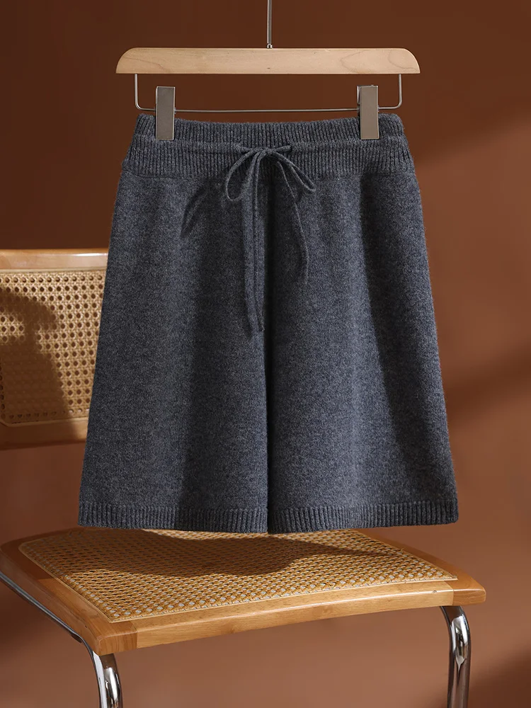 กางเกงขาสั้นผู้หญิง TLOML ผ้าขนแกะเมอริโนแท้ 100% สำหรับฤดูใบไม้ร่วงและฤดูหนาว เนื้อนุ่ม อุ่นสบาย สไตล์ลำลอง คุณภาพสูง แฟชั่นแคชเมียร์ มีเชือกผูก