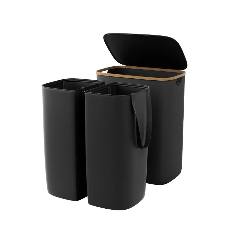 

Двойная корзина для белья с крышкой, 150 л, большая корзина для белья с бамбуковыми ручками, складная корзина для одежды с 2 съемными внутренними мешками