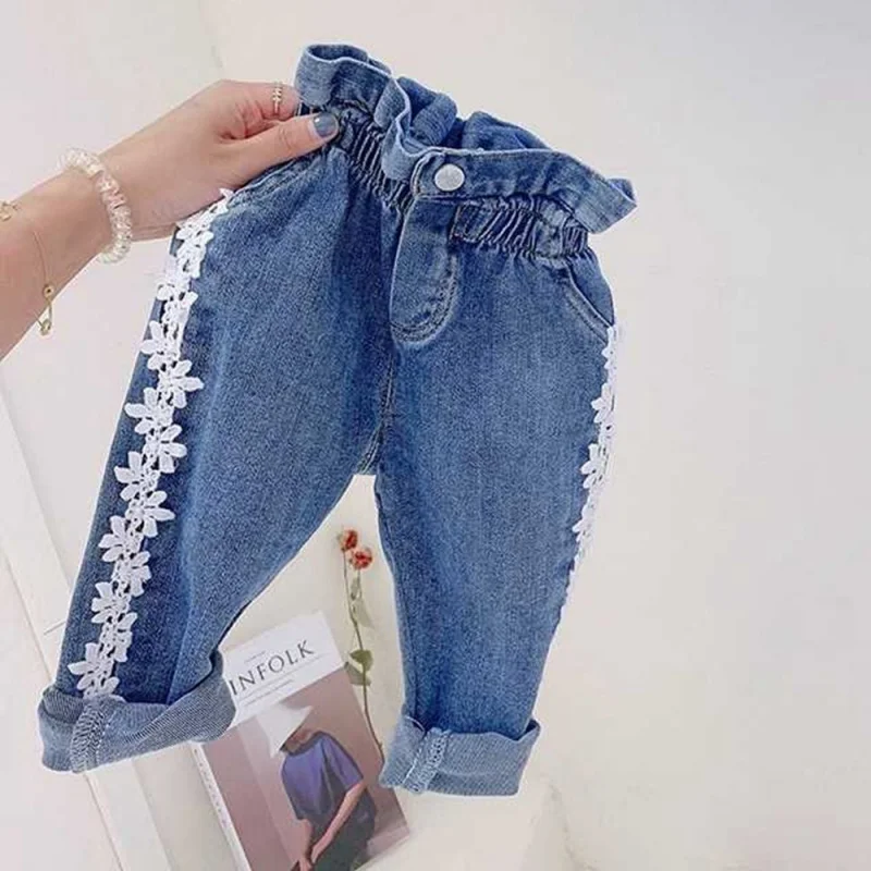 Hnq-Children's High Waist Jeans Autumn Girls' Lace Trousers Crawler3-8Children's Clothing One Piece Dropshipping