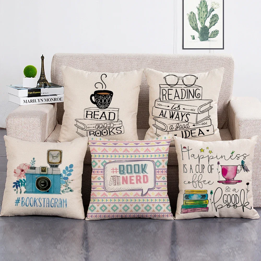 

Happy Days Nice Tea Reading Good Books Words Decorative Cushion Cover Letters Printing Sofa Throw Pillow Case