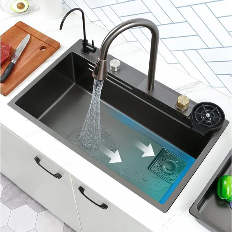 

New Black Nanometer 304 Stainless Steel Waterfall Kitchen Sink 3mm Thickness Large Single Slot Above Mount Waterfall Faucet