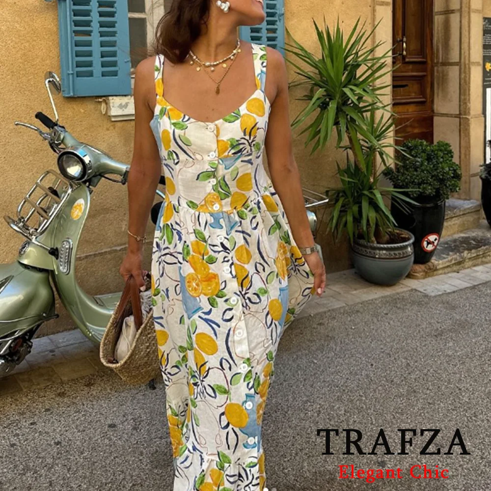 TRAFZA Vintage Print Lemon Yellow Midi Women Dress Fashion 2024 Summer OOTD Button Dress Prairie Chic Beach Party Date Dress