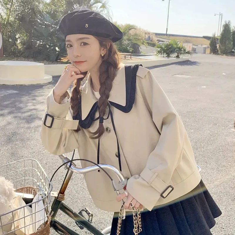 

Fall Fashion Women Coats Sweet Solid Peter Pan Collar Lace Up Preppy Simple Outwear Patchwork Button Chic Casual Cute New Tops