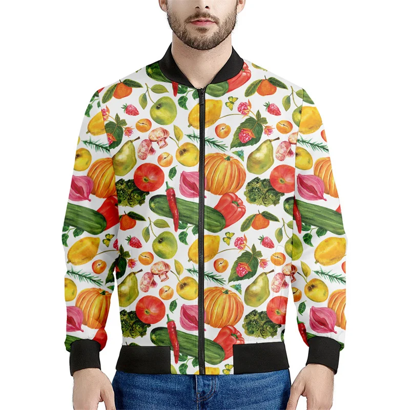 Colorful Fruits Vegetables Graphic Zipper Jacket For Men 3d Printed Vegan Sweatshirt Tops Long Sleeves Street Bomber Jackets