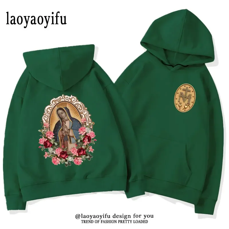 Vintage Our Lady of Guadalupe Virgin Mary The Madonna Religious Graphic Hoodie Hip Hop Autumn and Winter Keep Warm Hoodies