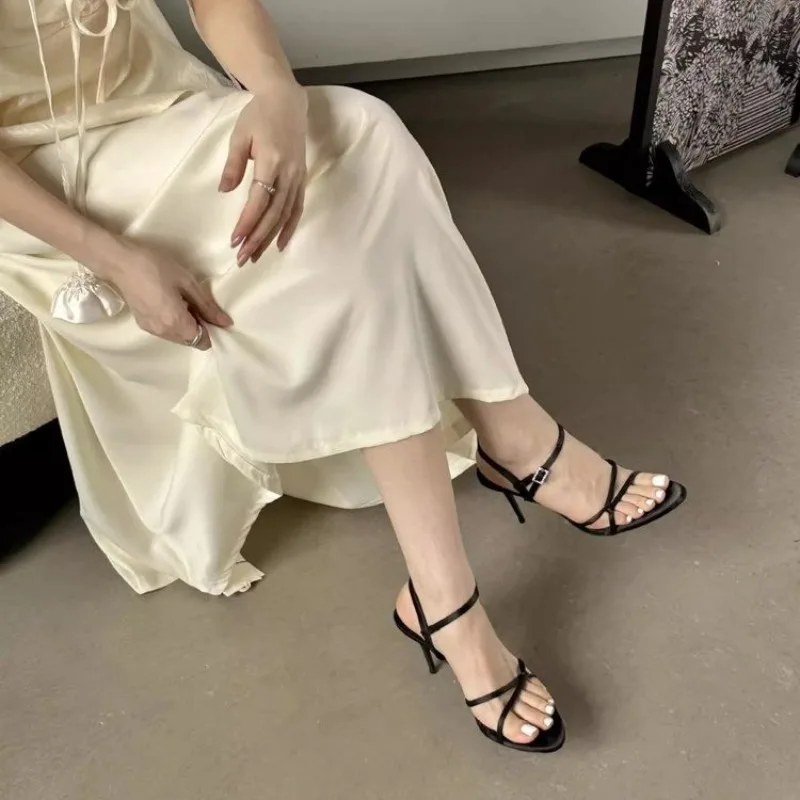 2024 Summer New Women's Leather Pumps Sexy Buckle Thin High Heels Thin Straps Combination Ankle Strap Party Office