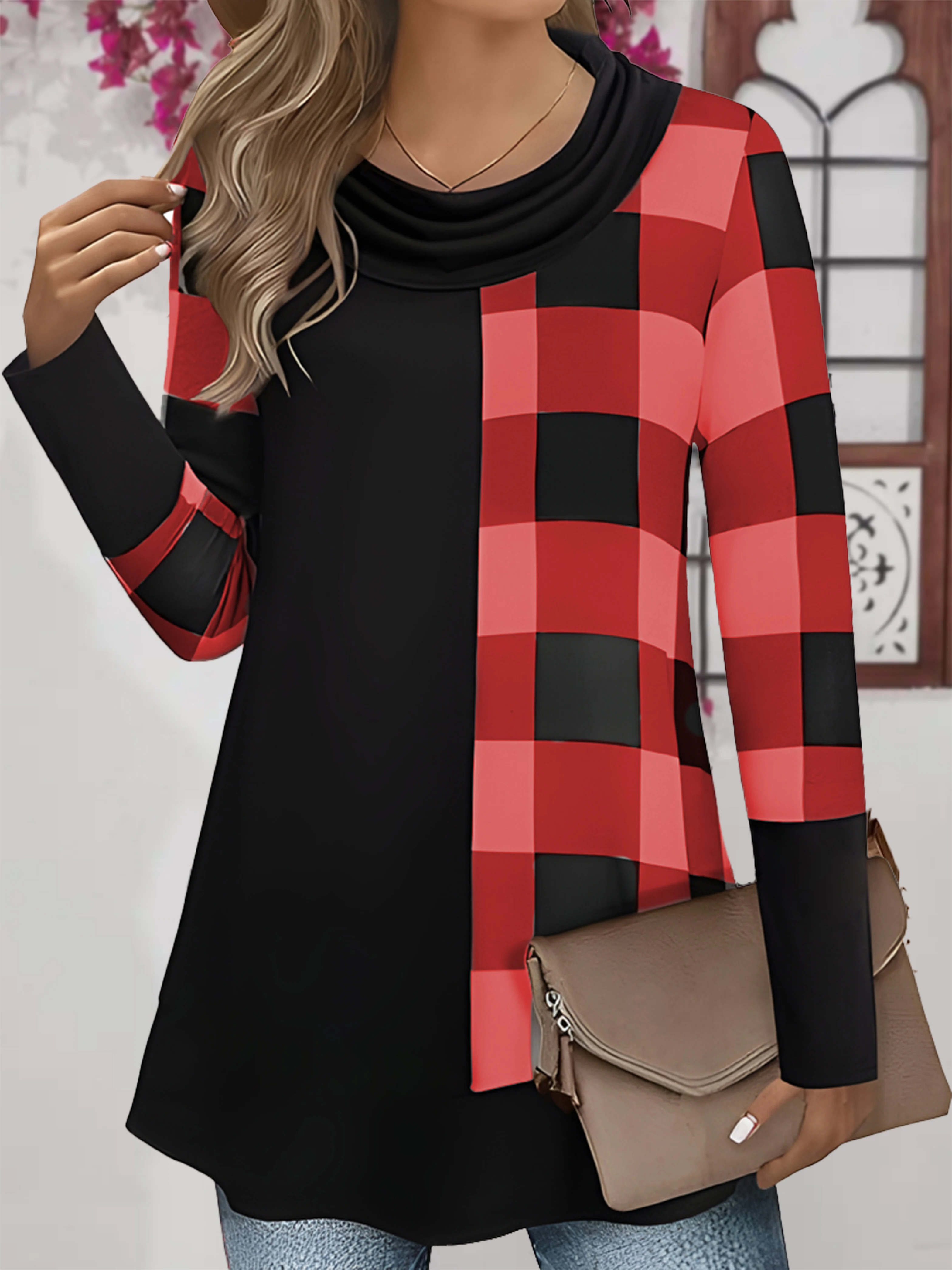 

Женская туника с длинными рукавами и клетчатым принтом больших размеров | Цветной блок и воротник на пуговицах | Элегантная осенняя футболка