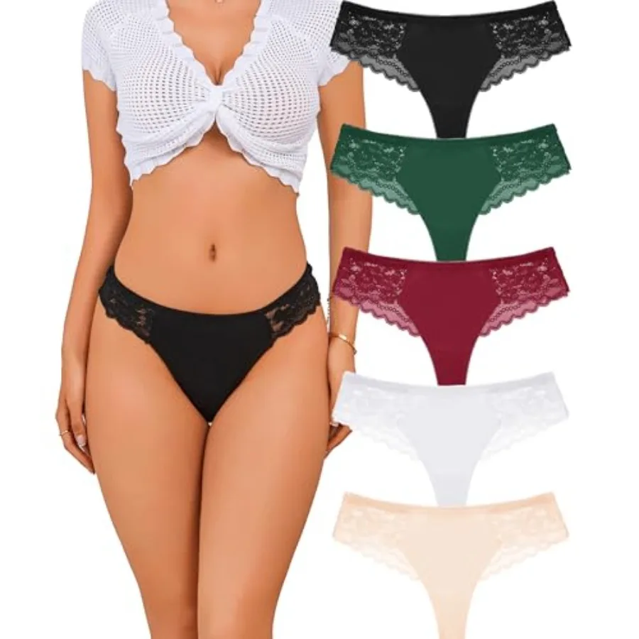 

Women's Seamless Cotton Thong Underwear for Women Soft Lace Thongs Breathable Low Rise Bikini Briefs 5 Pack S-XL
