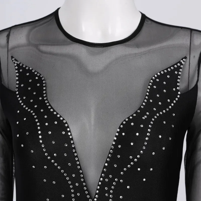 #   S-XL 여성용 반짝이는 라인스톤 피겨 스케이팅 드레스 시스루 메쉬 패치워크 긴팔 러플 스커트 레오타드 댄스웨어