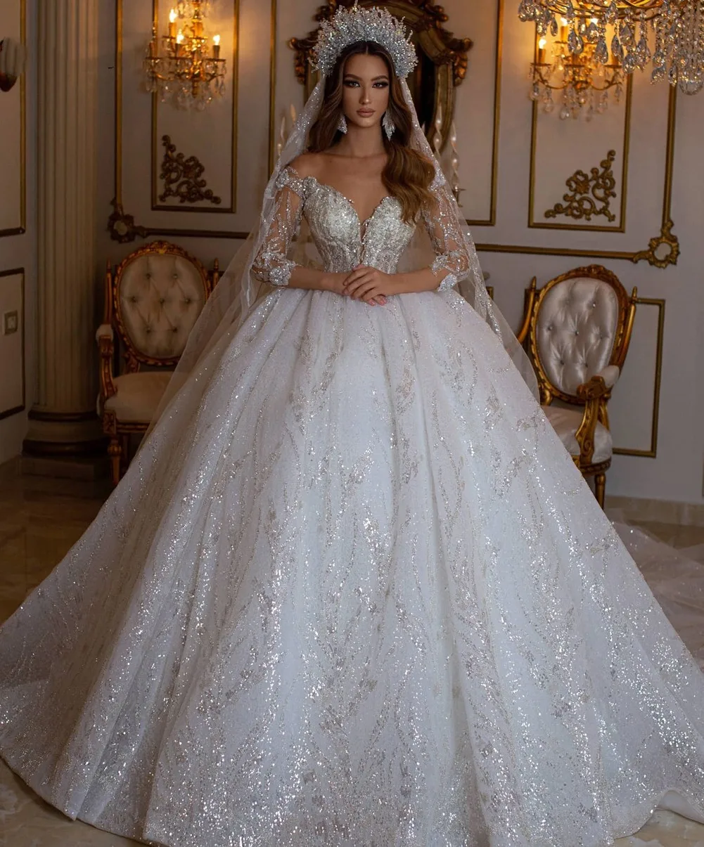 

New Sparkly Wedding Dresses 2025 Off Shoulder Princess Wedding Gowns Luxury Brides Dresses Chapel Wedding Party Robes De Mariage