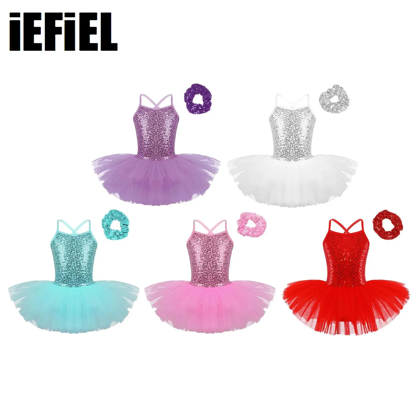 

Kids Girls Sequined Ballet Dress Tutu Dance Performance Costume Sequined Tutu Dress with Hair Tie Headwear