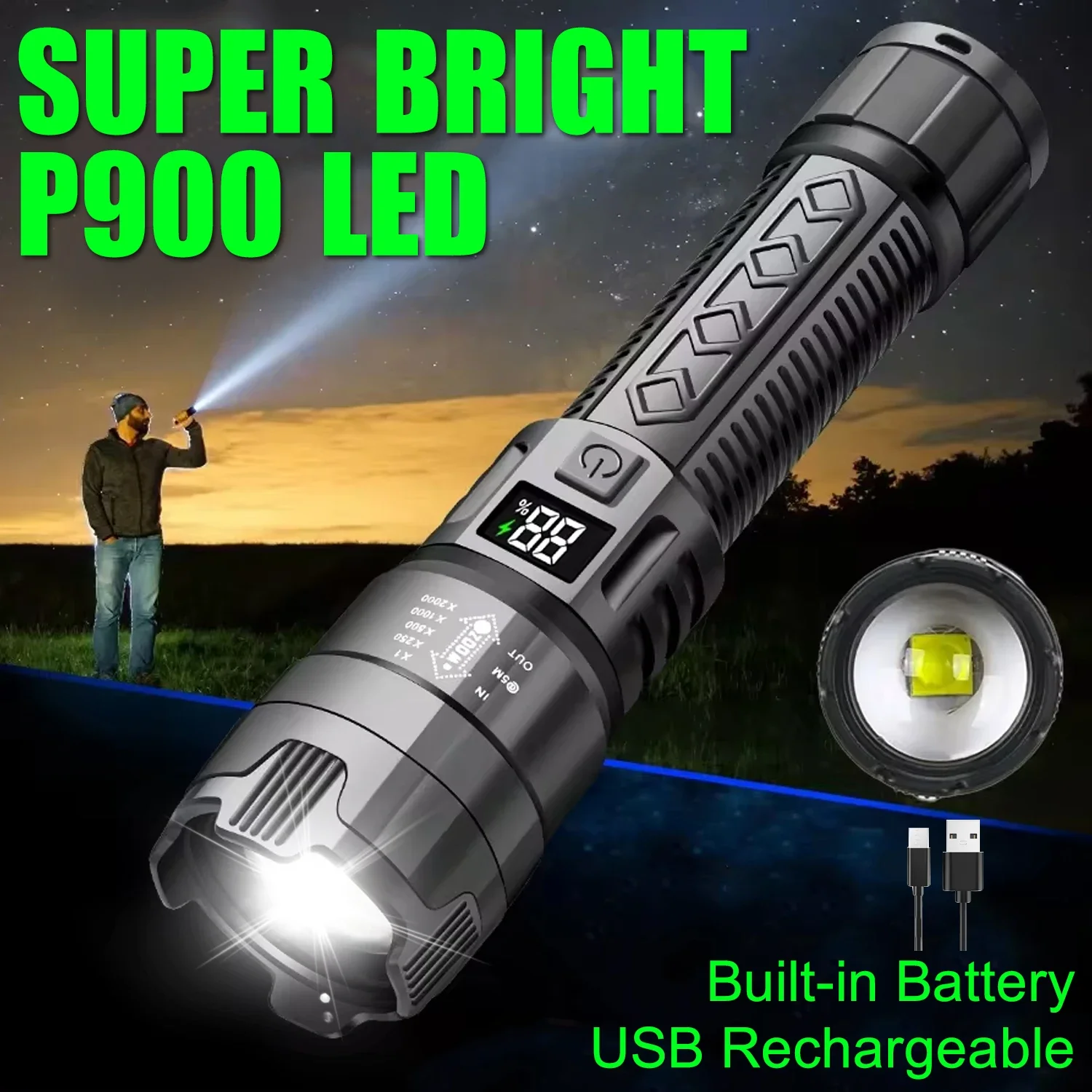 

Powerful P900 LED Flashlight Zoomable Light USB Rechargeable Tactical Torch with Power Display Outdoor Emergency Camping Lantern