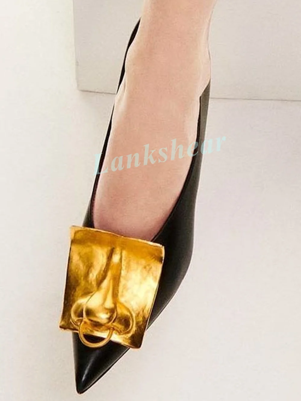 Oversize Hammered Gold Metal Keyhole Lock Buckle Pumps For Women Pointed Toe Slip On Stiletto Heel Luxury Statement Footwear