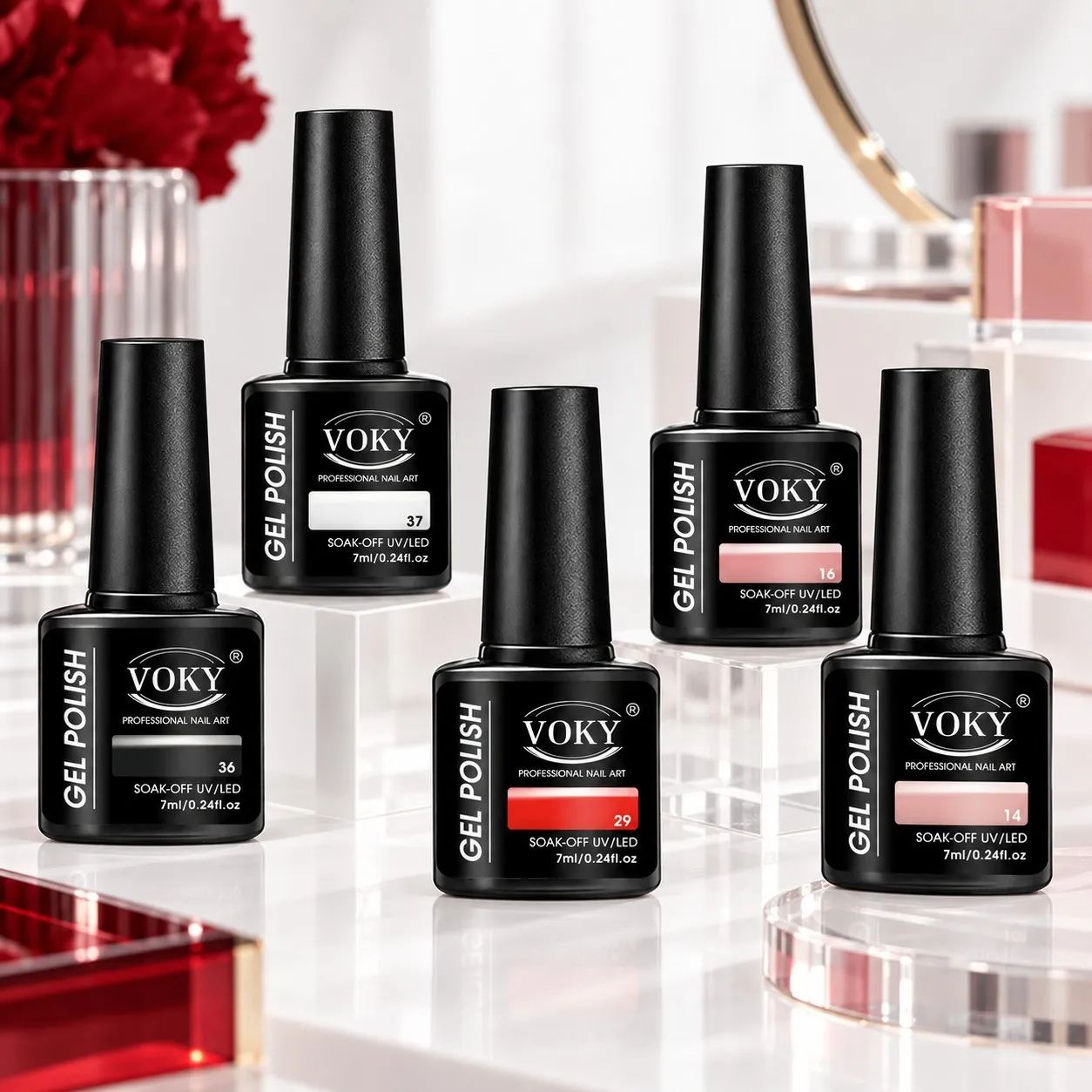 Voky5 Bottle Set of Basic Solid Color Nail Gel Polish, Salon-Quality Uv/Led Removable Phototherapy Gel, Black, White, Red, Nude Brown, Light Nude Pink, Smooth Gel Texture with Full Color Payoff, High Gloss Finish after Curing, Strong and Long-Lasting, Not Easy to Peel Off, DIY Nail Art Kit