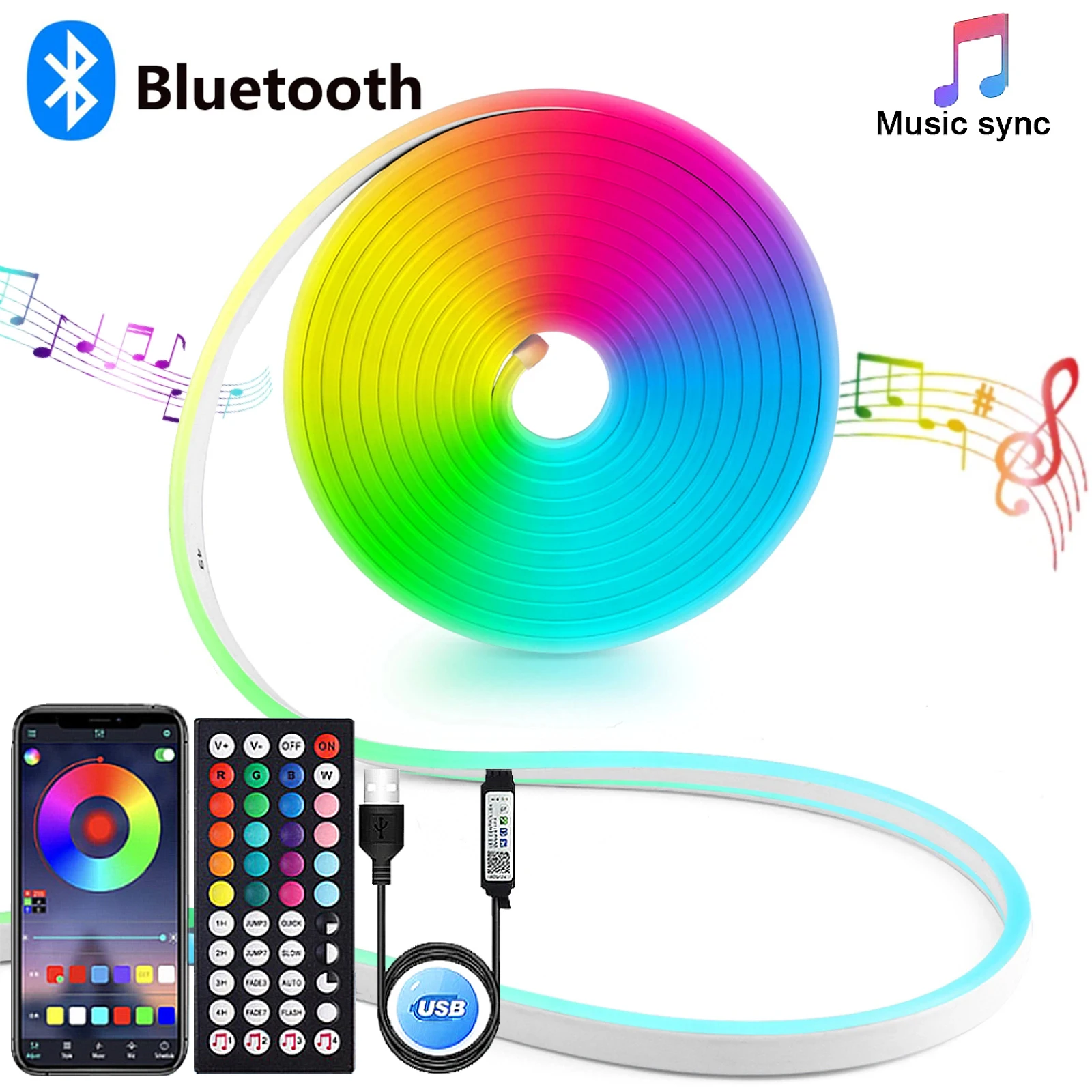 USB RGB Neon LED Strip Wodoodporna Elastyczna Taśma Wstążkowa Synchronizacja Muzyki Neonowe Światła z APP Control do Domu Pokój Zewnętrzne Światło