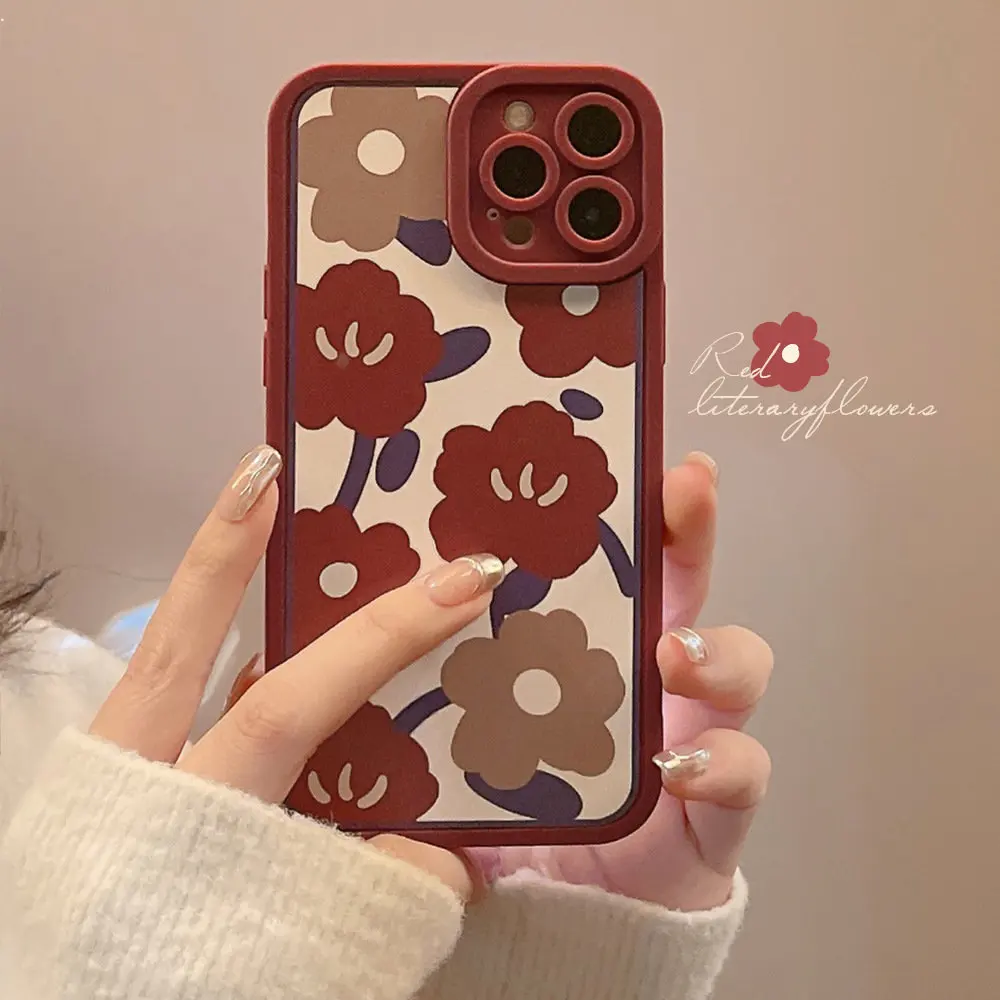 Retro Red Art Flower Phone Case for iPhone15 14 12 13 11 Pro ProMax Plus X XR Xsmax Shockproof Dustproof Phone Cover