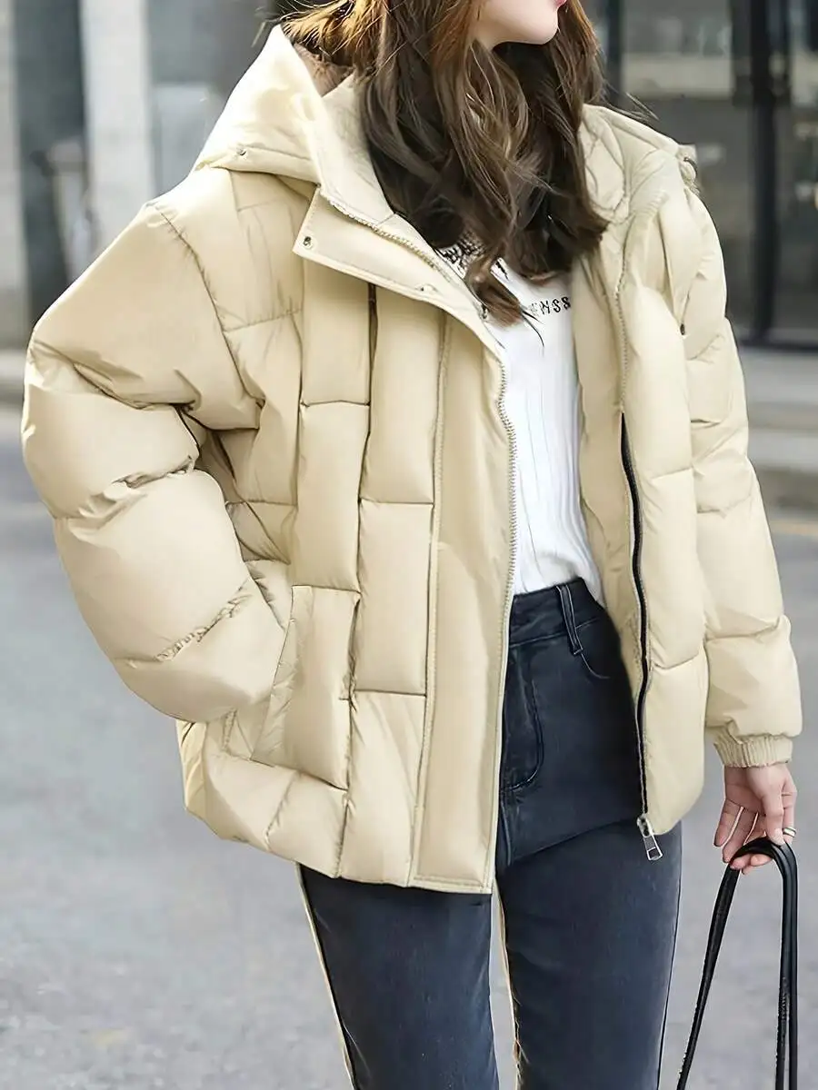 

Women's Beige Quilted Hooded Puffer Jacket, Loose Fit Warm Winter Coat