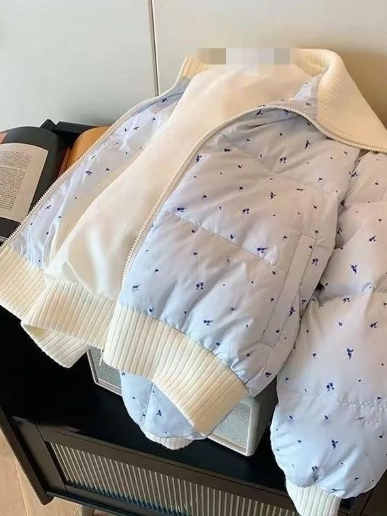 

Женское хлопковое пальто с милым цветочным принтом и воротником-стойкой на молнии, зимнее синее хлопковое пальто с дизайном, повседневное Sle ort Outer...