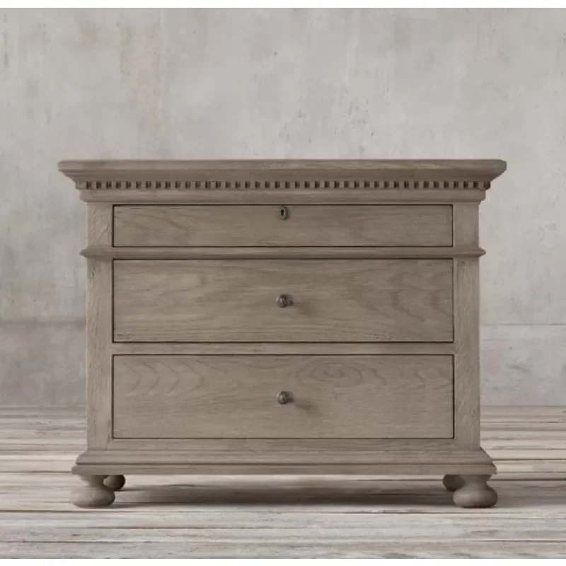 Country solid wood bedside table French three-pump locker Bedside cabinet Small simple oak gray storage cabinet