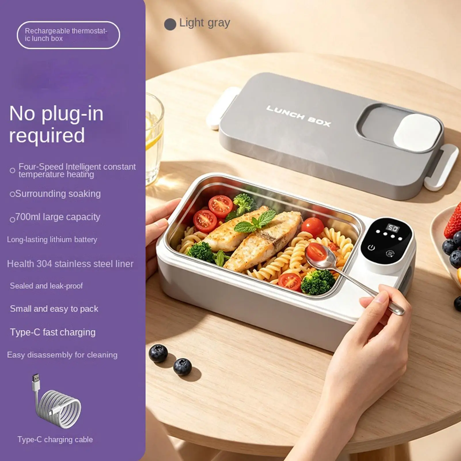 Heated Lunch Box Cordless USB Rechargeable Food Container With 4 Temp Settings Cordless Lunch Box For Men Women Work Travel