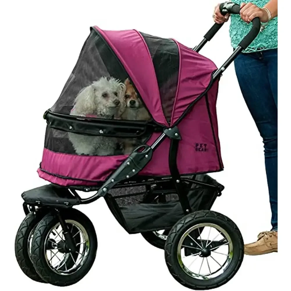 Double Pet Stroller Plush Pad Extra-Wide Carriage Gel Tires Weather Cover Entry 27x20x23 90lb Capacity