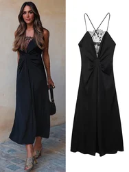 TRAFZA Woman Fashion Beach Style Sexy Long Dress Black Sleeveless Backless Lace Decorate Zipper Summer Dresses Woman Trendy
