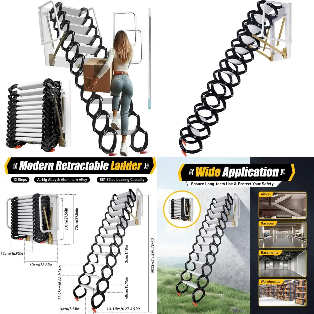 Escalera para ático montada en la pared de 12 escalones, escaleras plegables con pasamanos, capacidad de carga máxima de 880 libras, sistema extraíble de escalera para ático-Sui