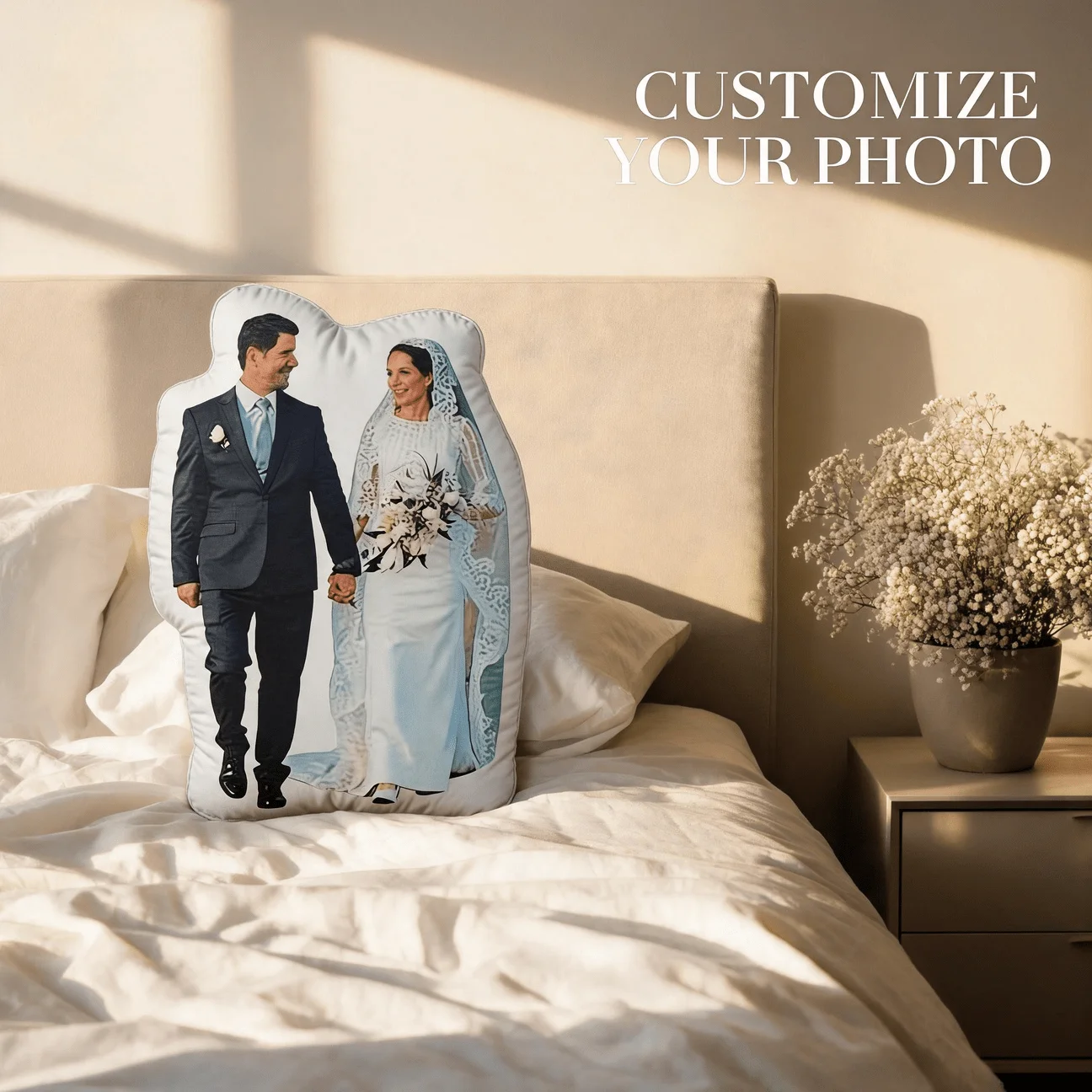 Personalized Couple Photo Shaped Pillow, Custom Wedding Portrait Decorative Cushion, Romantic Bride And Groom Accent Pillow for