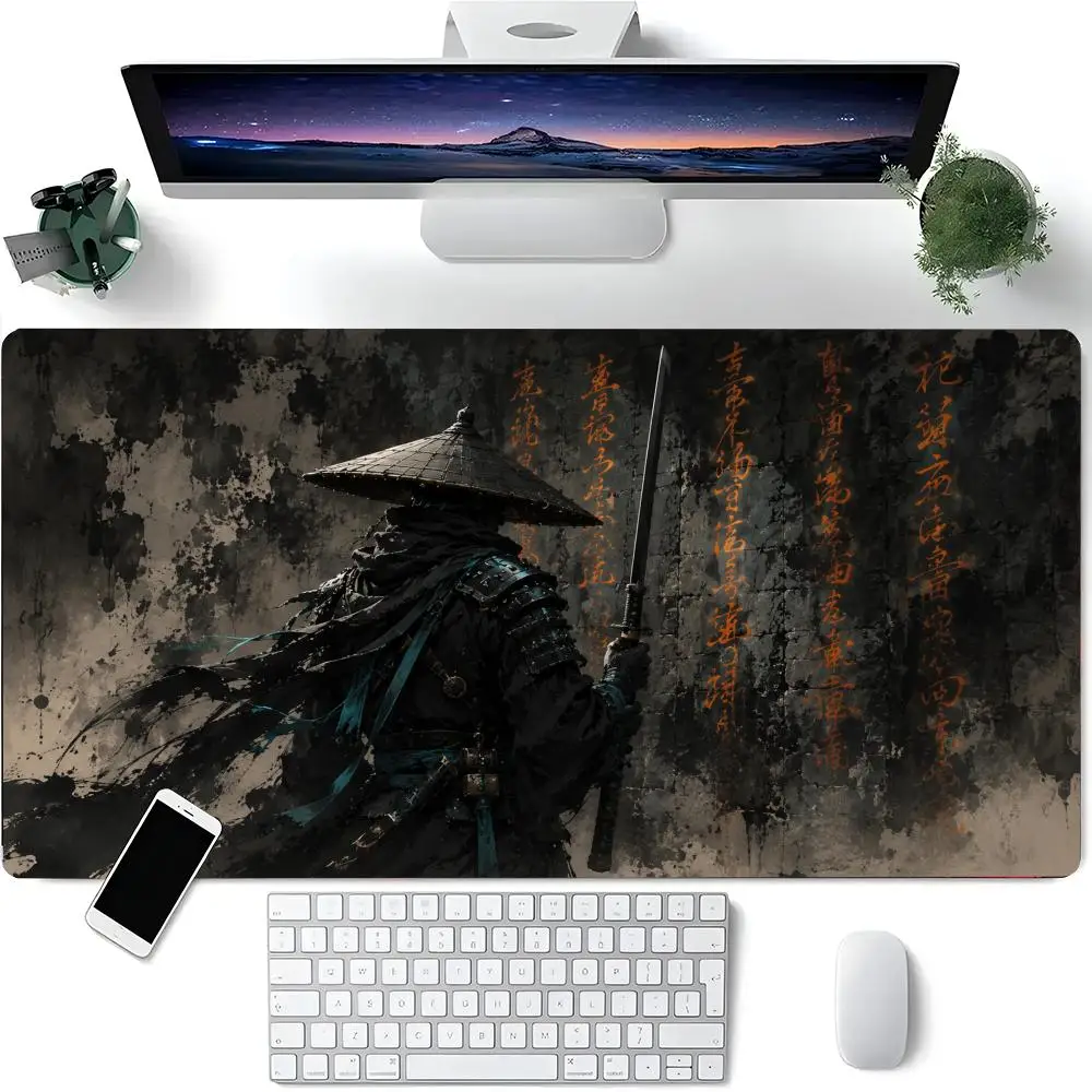 Traditional Asian Samurai Warrior Katana Grunge Wall Ink Painting Extended Mouse Pad, Wear Resistant Non-Slip Base