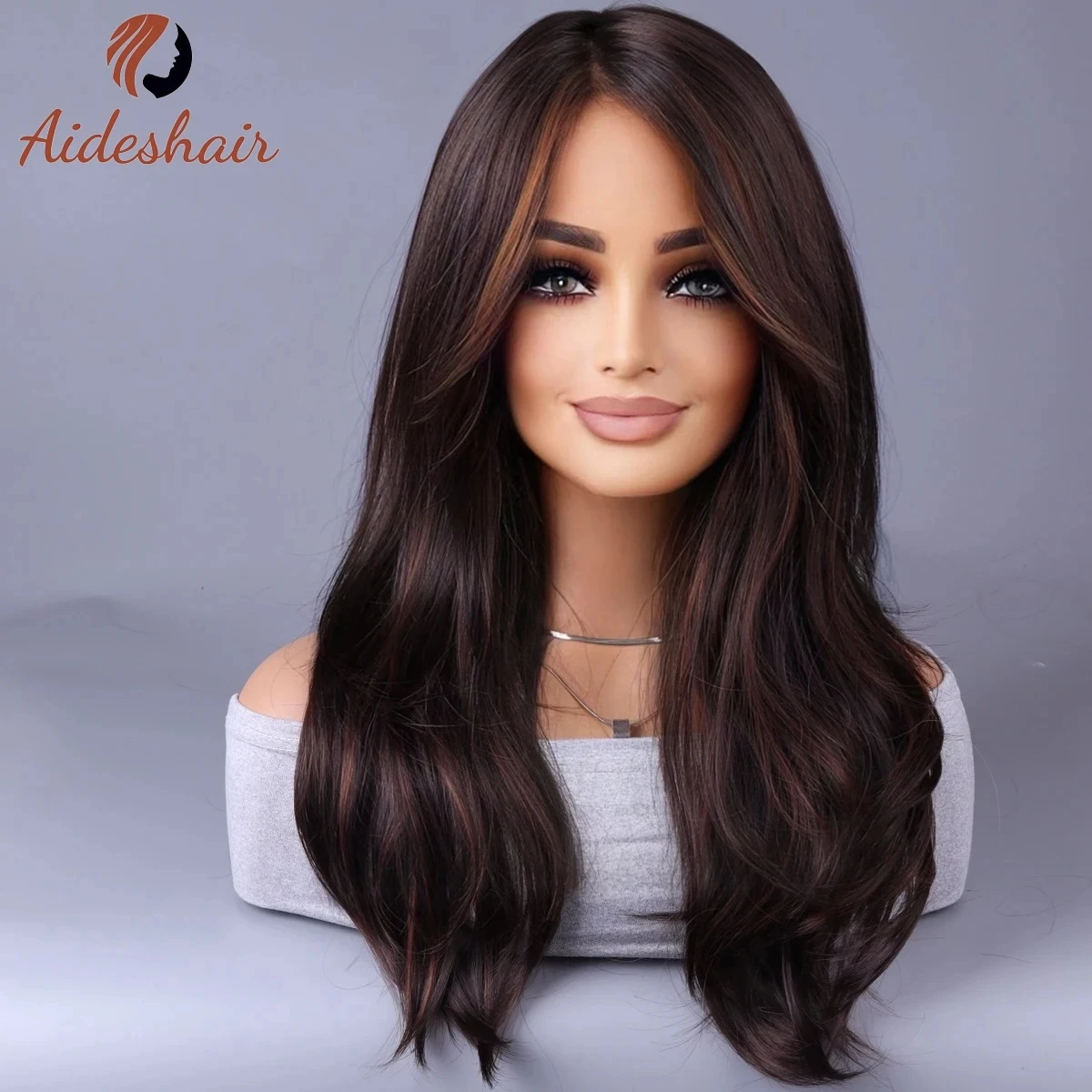 Aideshair medium deep brown wig and medium long wavy wig natural synthetic heat resistant fiber wig for daily party use