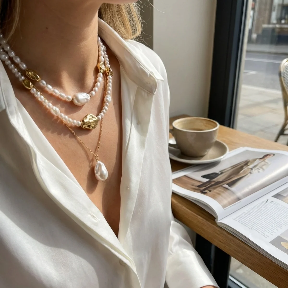 Minimalistische barocke unregelmäßige Imitationsperlen-CCB-Perlen-Anhänger-Halskette für Damen und Herren, mehrschichtige Perlen-Halskette, stapelbarer Choker-Schmuck – Detail 8