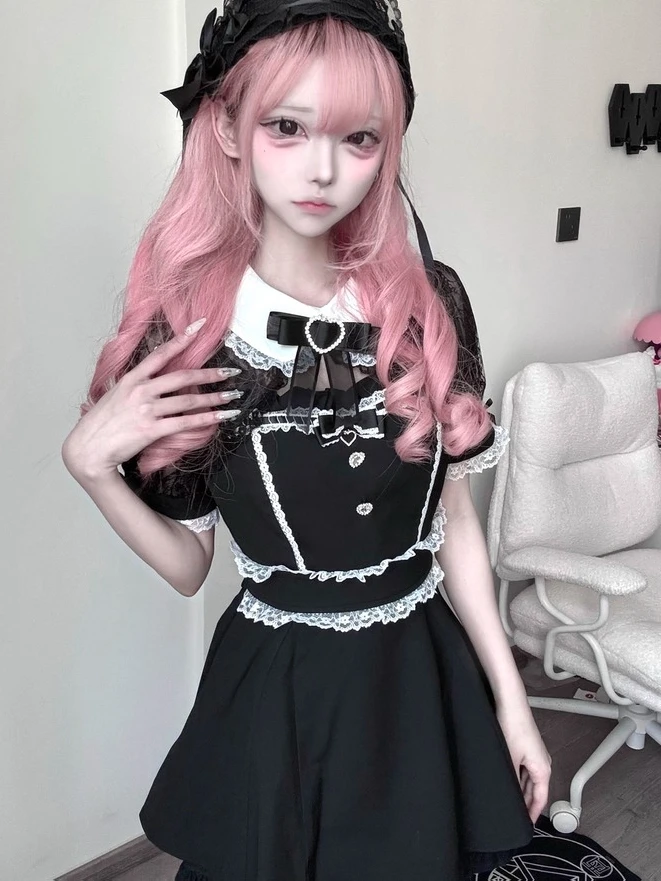 

Sweet Princess Lolita Dress Lace Shawl Bow Polo Collar Short Sleeve Shirt Collar Mini Dress Landmine Series Mass-Produced Sets