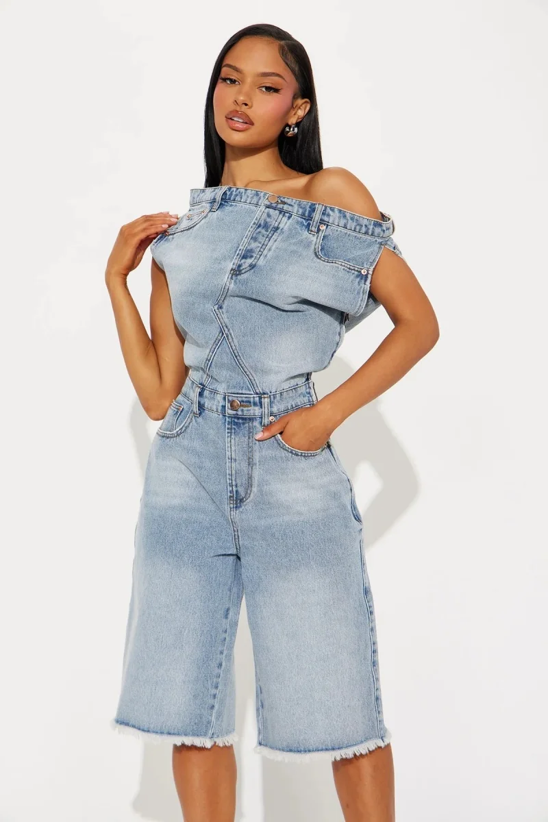 

Fashion Denim Off Shoulder Jumpsuits Summer Clothes Women Sleeveless Straight Jeans Rompers Playsuits One Pieces Overalls Outfit