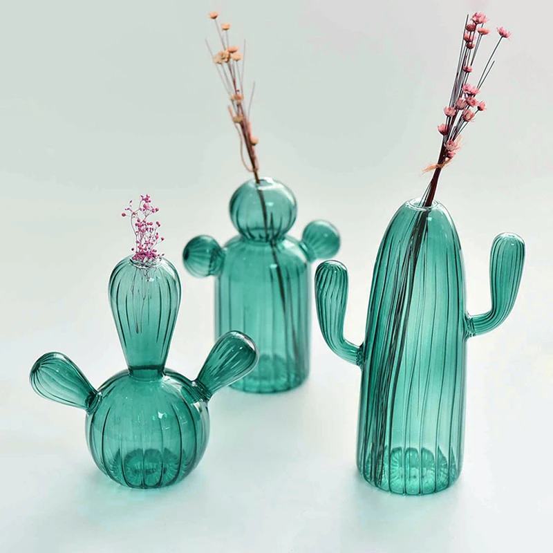 New Colored Cactus Shaped Glass Vase Transparent Hydroponics Plant Desk Decoration Vases Crafts Home Living Room Art Ornament