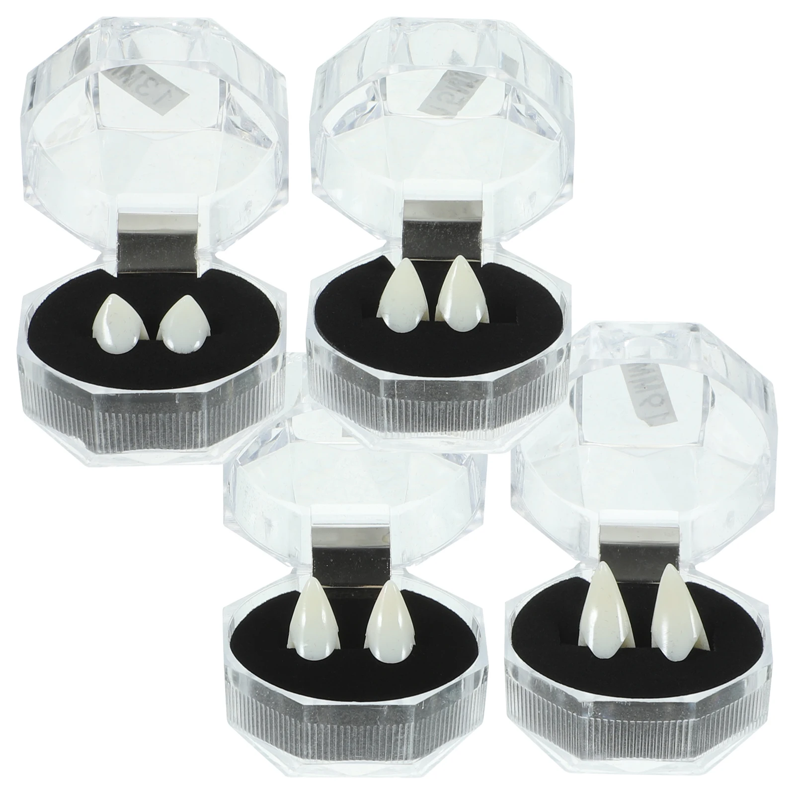 4 pares de colmillos de vampiro, diseño de punta dividida de resina realista, 13mm, 15mm, 17mm, 19mm, caja transparente, fiesta de dientes de Halloween, Cosplay