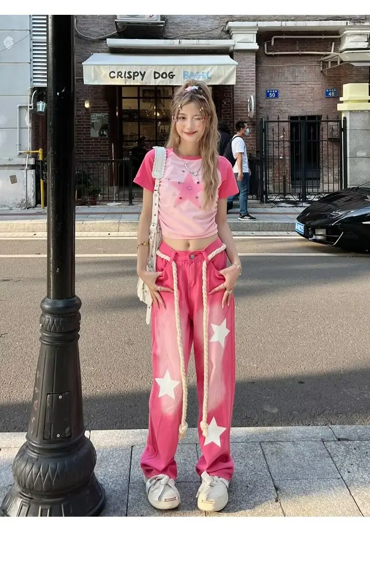 Pink Y2k Baggy Jeans Vintage Drawstring Women American Style Star Printing Women's Streetwear Denim Pants High Waist Trousers