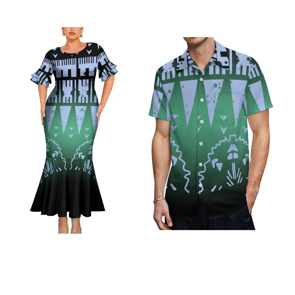 Women'S Tight Fishtail Skirt Custom Polynesian Vintage Print Summer Crewneck Banquet Dress Men'S Shirt Elegant Couple Set