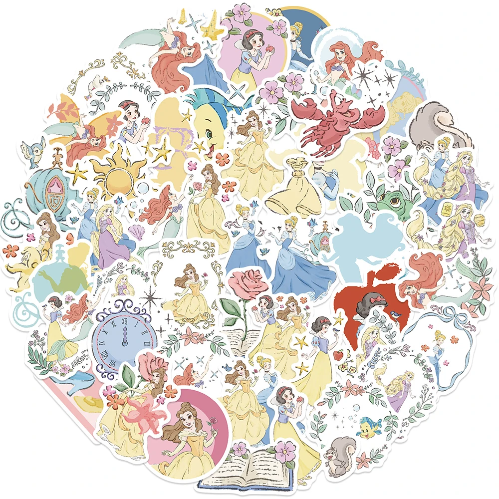 50 Stück Kawaii Handgezeichnete Blumen-Disney-Prinzessinnen-Aufkleber Ästhetische Dekorative Scrapbook-Tagebuch-Party-Geschenke Spielzeug