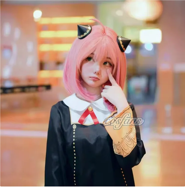 أزياء الهالوين X Family Anya التأثيرية للأطفال والكبار فستان أسود Kawaii للفتيات والنساء فستان وردي شعر مستعار للحفلات ملابس لعب الأدوار