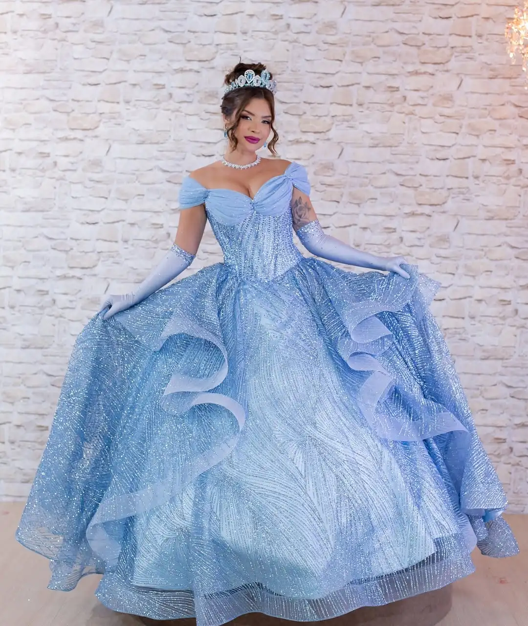 Customized Glitter Ruffles Quinceanera Dresses Blue Ball Gown Vestidos De 15 Anos Cap Sleeves 16 Birthday Party Gown view 2