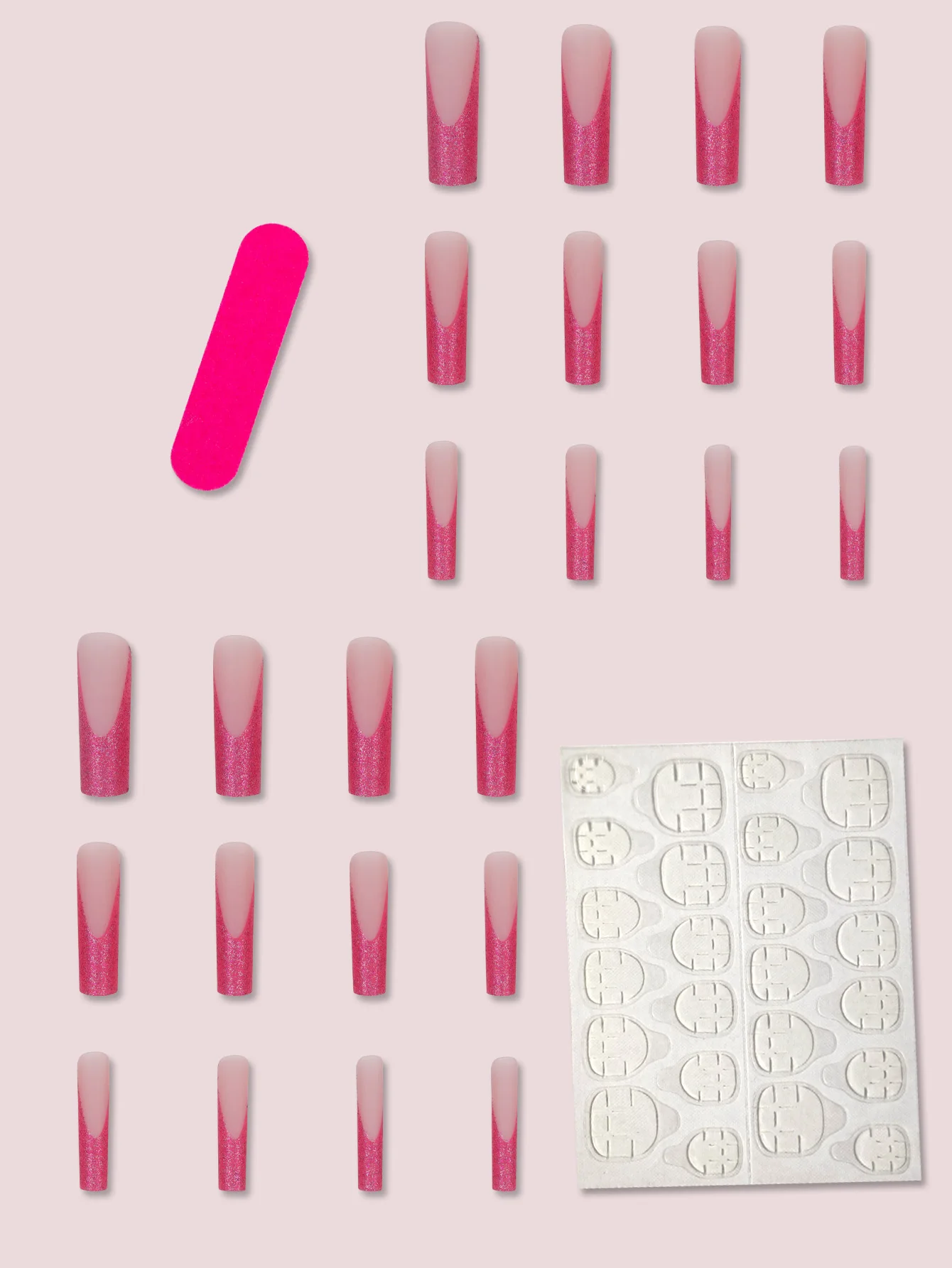 Upgrade your style with this 24 piece ultra long coffin shaped pink glitter French nail art set