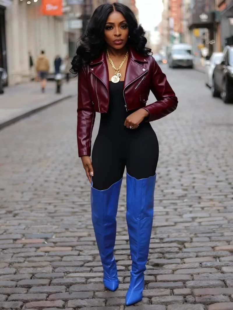 

Solid PU Leather Cropped Jackets Tops Women Fashion Turn Down Collar Long Sleeve Zip-up Slim Casual Streetwear Suits Y2K Outwear