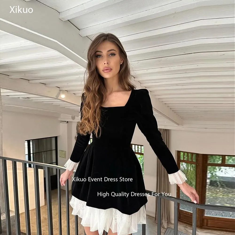 Xikuo многослойное черное бархатное платье для выпускного вечера с квадратным вырезом на заказ платье для особых случаев плиссированное мини-платье трапециевидной формы для встречи выпускников по индивидуальному заказу