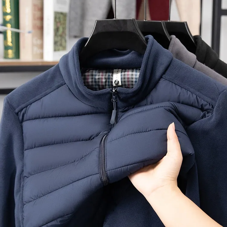 

Olive Velvet Patchwork Zipper Cardigan Sweatirt Men's Autumn Winter Color Stand Collar Casual Warmth Outerwear Jaet